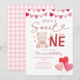 Girl Sweet One Bear Valentine Birthday Gift Party Einladung