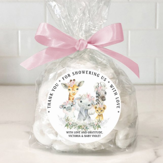 Girl Sweet Safari Baby Dusche Runder Aufkleber (Girl safari baby shower favor tags.)