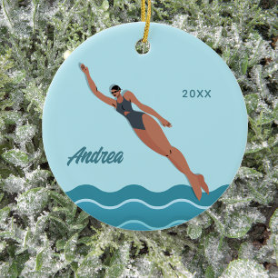 Girl Swimmer Blue Pool Wasser Name Jahr Schwimmen Keramik Ornament