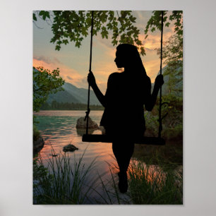 Girl Swinging Silhouette Lake Summer Sunset Poster
