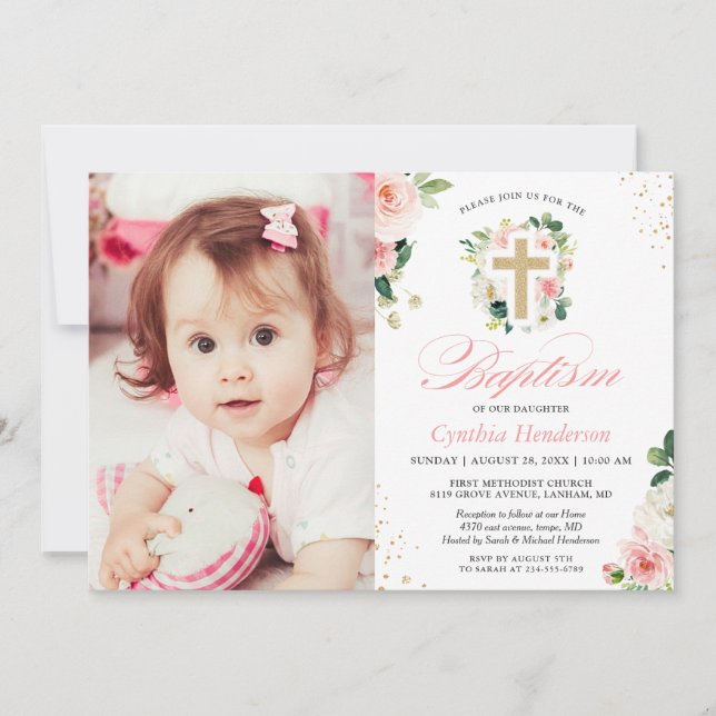 Girl Taufe Christening Foto Blush Pink Bloral Einladung (Vorderseite)