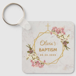 Girl Taufe Floral Gold Marmor Rosa Orchideen Schlüsselanhänger