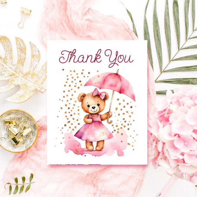 Girl Teddy Bär Babydusche Danke Karte (Girl teddy bear baby shower thank you card cute teddy bear with a pink dress umbrella gold sprinkles)