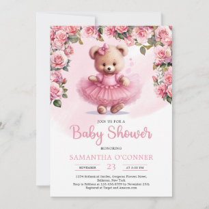 Girl Teddy Bär mit rosa Tutu und rötlich Rose Einladung
