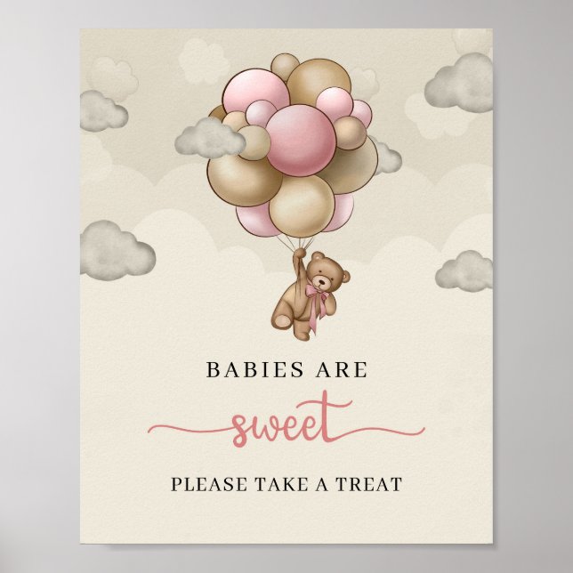 Girl Teddy Bär rosa Ballon Babys sind süße Zeichen Poster (Vorne)