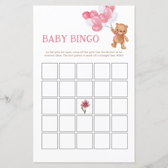 Girl Teddy Bear Baby Bingo Game Card (Vorderseite)