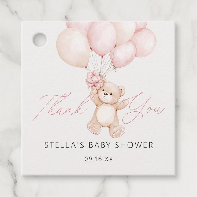 Girl Teddy Bear Balloons Danke Baby Dusche Geschenkanhänger (Vorderseite)