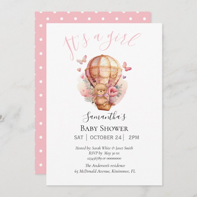 Girl Teddy Bearly Wait Heißluftballon Pink Ankündigung (Vorne/Hinten)