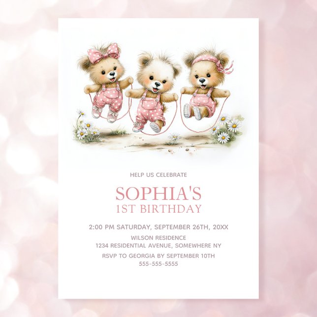 Girl Teddy Bears Jump Rope 1st Birthday Party Einladung (Von Creator hochgeladen)