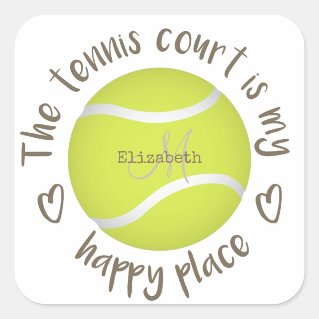 Girl Tennisplatz ist mein glücklicher Ort Typograf Quadratischer Aufkleber (Vorderseite)