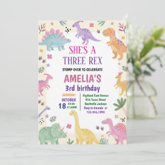 Girl Three Rex Dinosaur 3rd Birthday Einladung