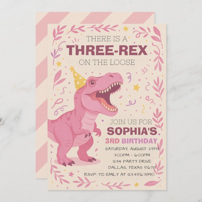 Girl Three-Rex Dinosaur Birthday Einladung (Vorne/Hinten)