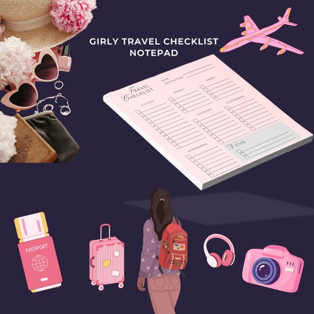 Girl Travel Checklist Pink Ästhetik Notizblock (Von Creator hochgeladen)