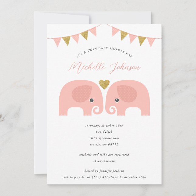 Girl Twins Elephant Baby Shower Einladung (Vorderseite)