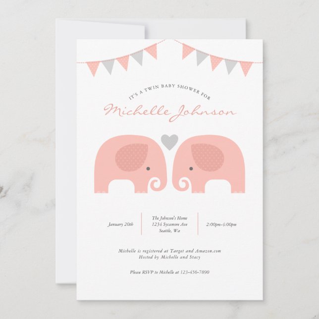 Girl Twins Elephant Baby Shower Einladung (Vorderseite)