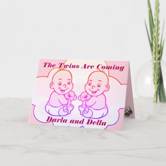 Girl Twins kommen mit Baby Shower Card Einladung (Vorderseite)