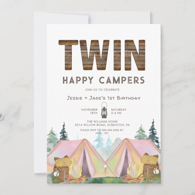 Girl Twins Rustic Happy Camper Geburtstag Einladung (Vorderseite)