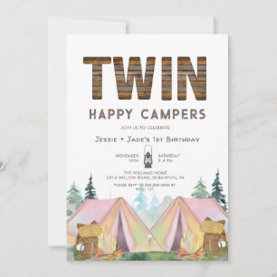 Girl Twins Rustic Happy Camper Geburtstag Einladung