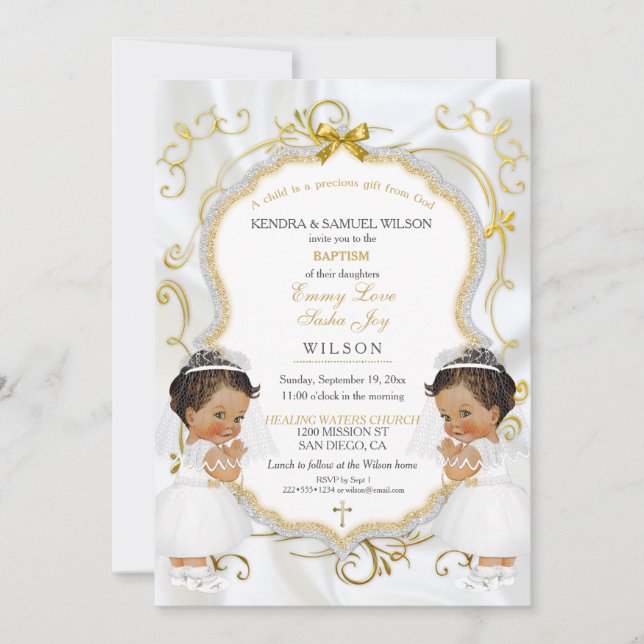 Girl Twins Taufe Christening Gold Ethnic Einladung (Vorderseite)