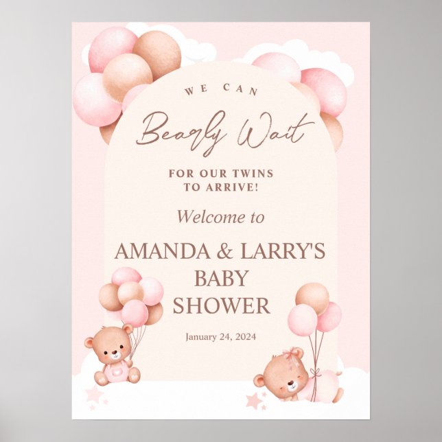 Girl Twins Teddy Bear Baby Shower Welcome Poster (Vorne)