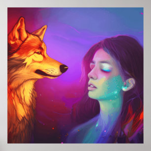 Girl und ihr Wolf AI Generierten Fantasy Pop Art Poster