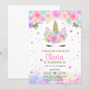 Girl Unicorn Aquarell und Gold Geburtstag einladen Einladung