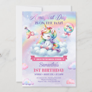 Girl Unicorn auf einer Wolke und Regenbogen 1. Geb Einladung