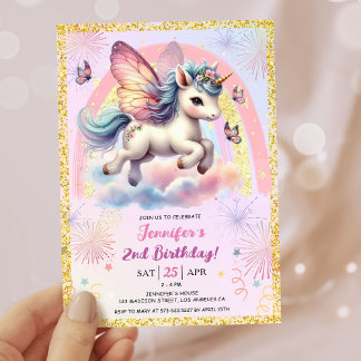 Girl Unicorn Gold Glitzer Pink 2. Geburtstag Party Einladung