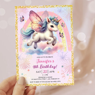 Girl Unicorn Gold Glitzer Pink 4. Geburtstag Party Einladung