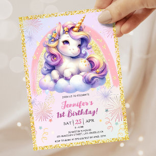 Girl Unicorn Lila Pink & Gold 1. Geburtstag Party Einladung