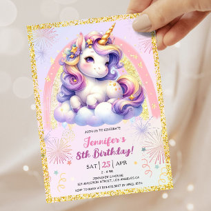 Girl Unicorn Lila Pink & Gold 8. Geburtstagsparty Einladung
