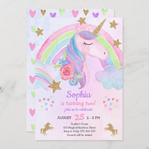 Girl Unicorn Party Birthday Gold Glitzer Pastell Einladung