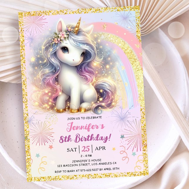 Girl Unicorn Pink Gold Glitzer 8. Geburtstagsparty Einladung (#UnicornBirthdayInvitation #UnicornBirthdayInvitationTemplate #UnicornBirthdayInvitationEditable )