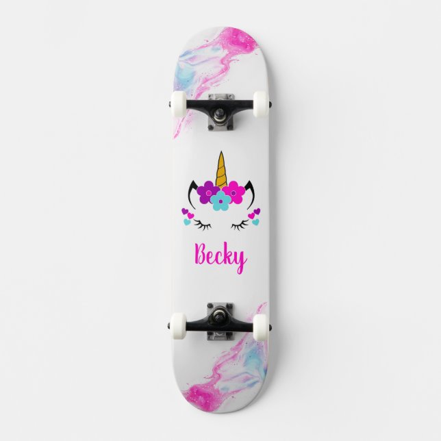 Girl Unicorn Skateboard mit Namen (Vorderseite)