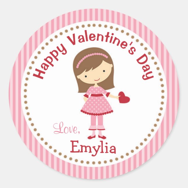 Girl Valentine Stickers (Pink) - Kinder Braunes Ha (Vorderseite)