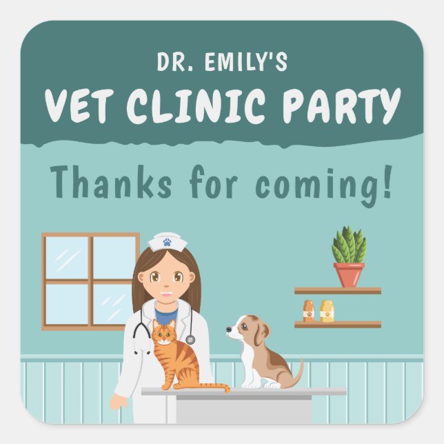 Girl Veterinarian Pet Clinic Birthday Thank You Quadratischer Aufkleber (Vorderseite)