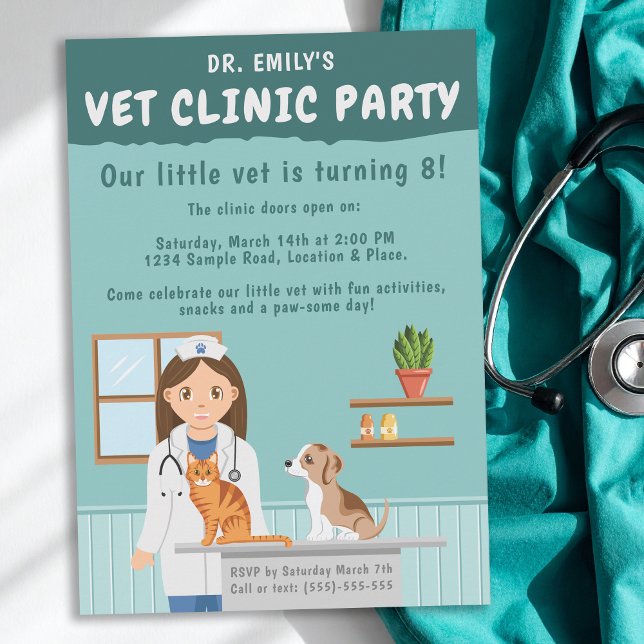 Girl Veterinarian Vet Animal Clinic Kids’ Birthday Einladung (Von Creator hochgeladen)