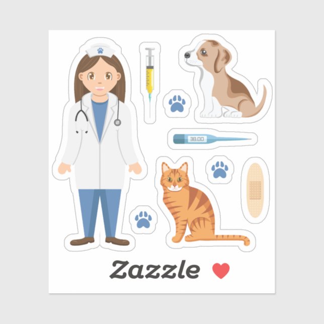 Girl Veterinarian With Puppy Cat And Vet Things Aufkleber (Blatt)