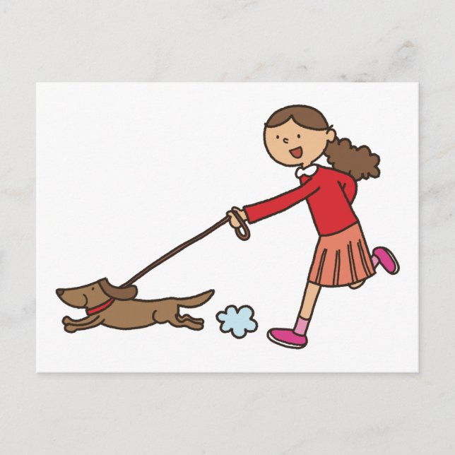 Girl Walking Dog - Dog Walker - niedlicher Cartoon Postkarte (Vorderseite)