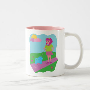 Girl Walking Dog Zweifarbige Tasse