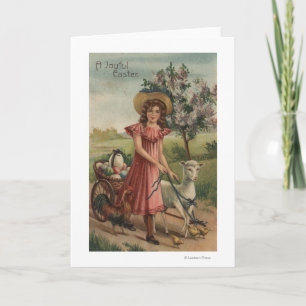 Girl Walking Lamb, Chick und Rooster Feiertagskarte