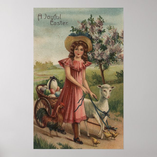 Girl Walking Lamb, Chick und Rooster Poster (Vorne)