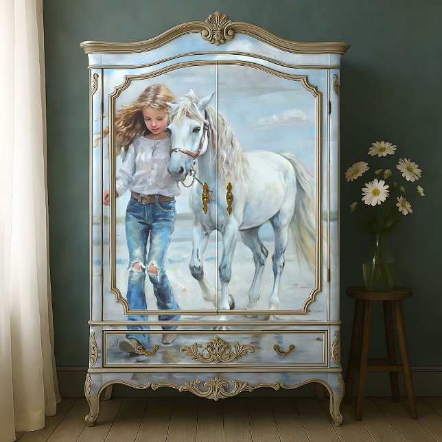 Girl Walks White Horse Beach Bauernhaus Decoupage Seidenpapier (Blonde Girl Walks White Horse Beach Farmhouse Decoupage Tissue Paper)