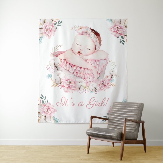 Girl Watercolor Babydusche Hintergrundbanner Wandteppich (Beispiel)