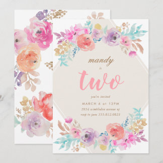 Girl Watercolor Blume Zweite Geburtstagseinladung Einladung