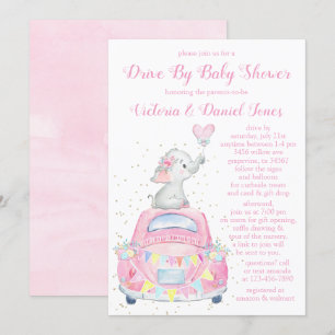 Girl Watercolor Elephant Car Drive mit Babydusche Einladung