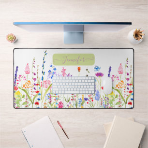 Girl Watercolor Farbige Wildblumen Personalisiert Schreibtischunterlage