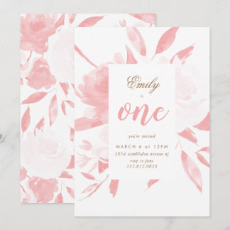 Girl Watercolor Pink Erster Geburtstag Einladung