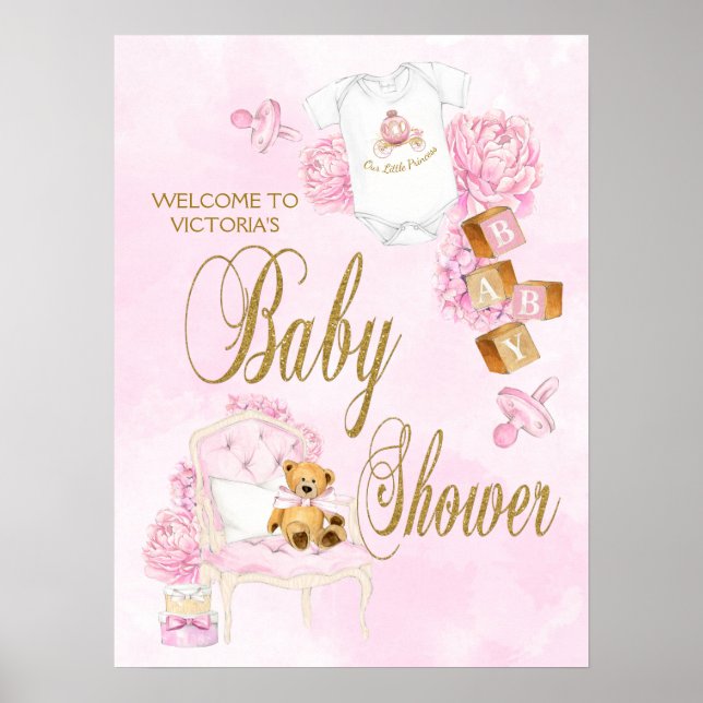 Girl Watercolor Pink Gold Baby Duschzeichen Poster (Vorne)