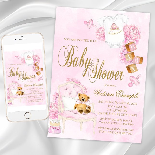 Girl Watercolor Pink Gold Teddy Bear Baby Dusche Einladung (Girl Watercolor Pink Gold Teddy Bear Baby Shower Invitation. Download and printed available.)